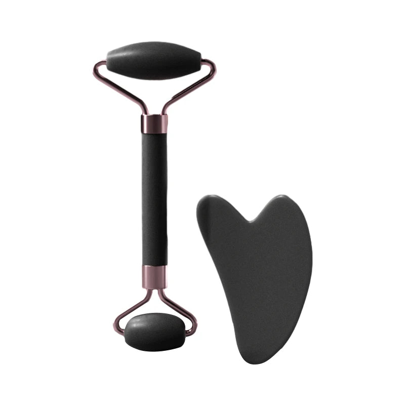 Facial massage roller scraper set worn in use