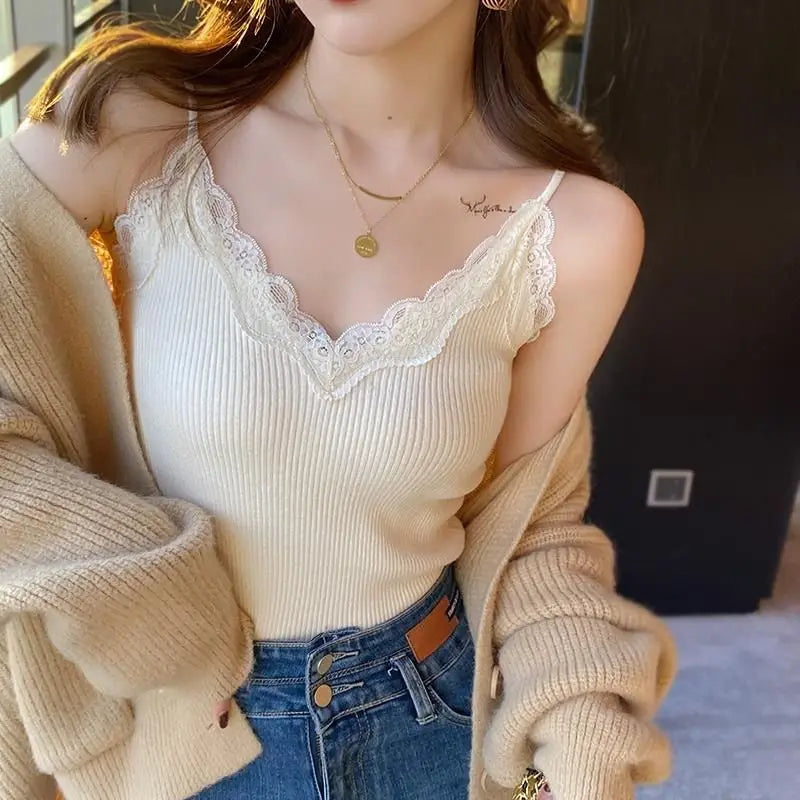 Women's lace cropped tank top front view white