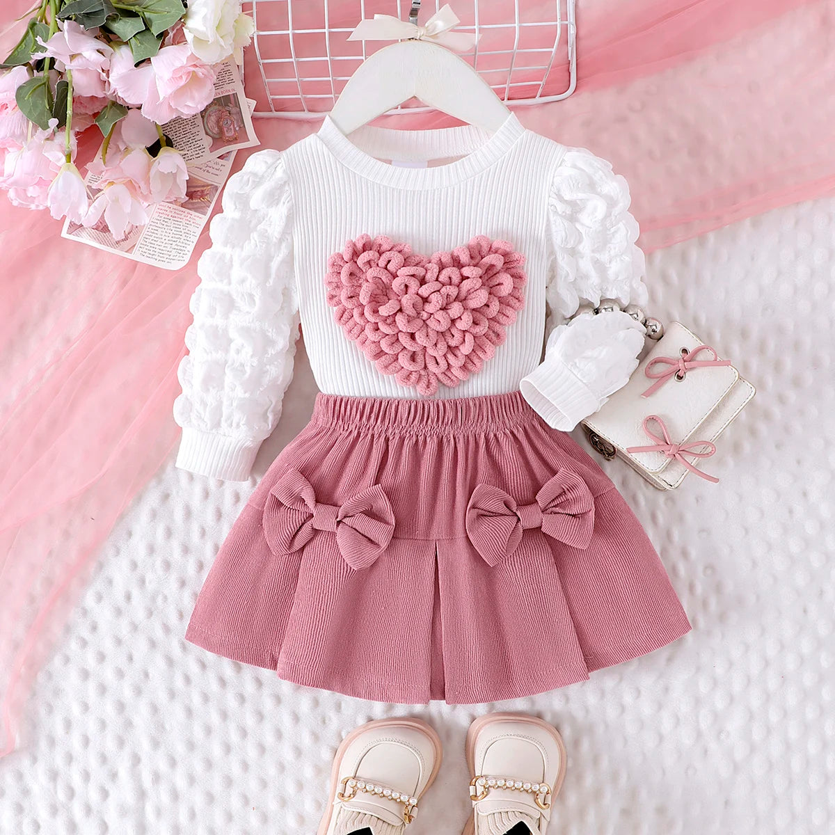 Baby girls top skirt set bubble sleeve detail