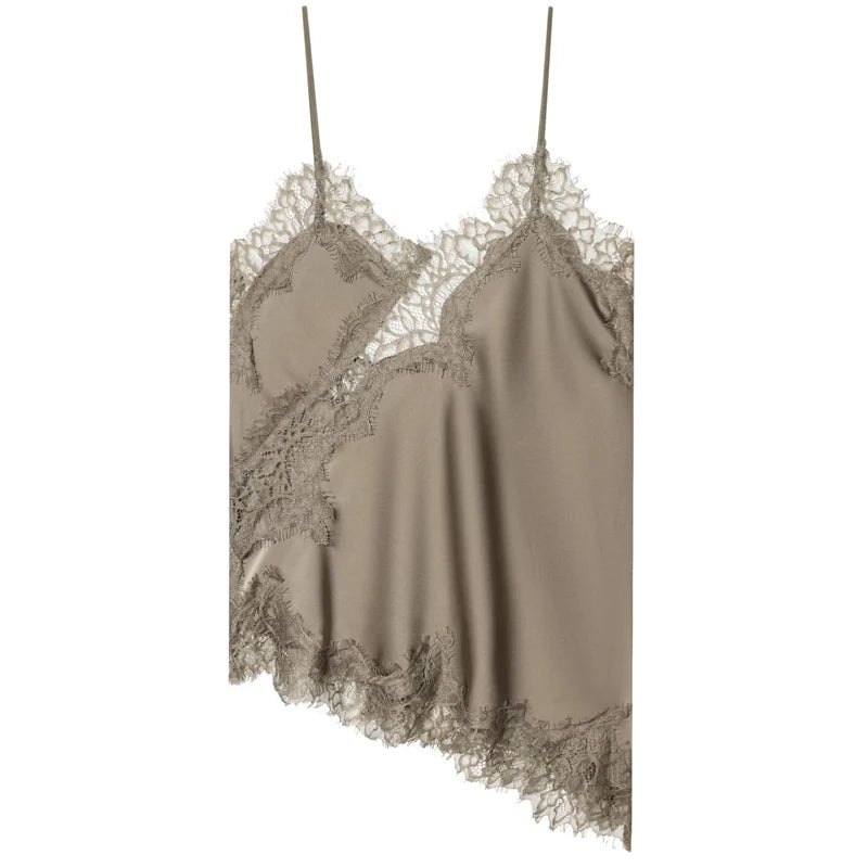 Asymmetrical backless camisole front view khaki yellow