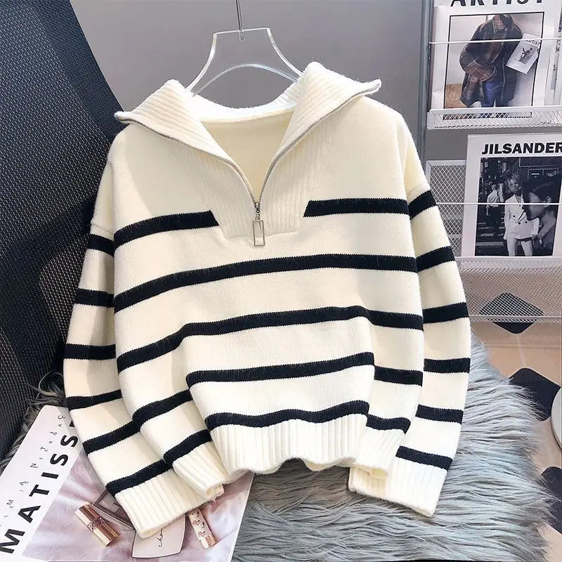 Zip stripe cropped sweater worn styled outfit white