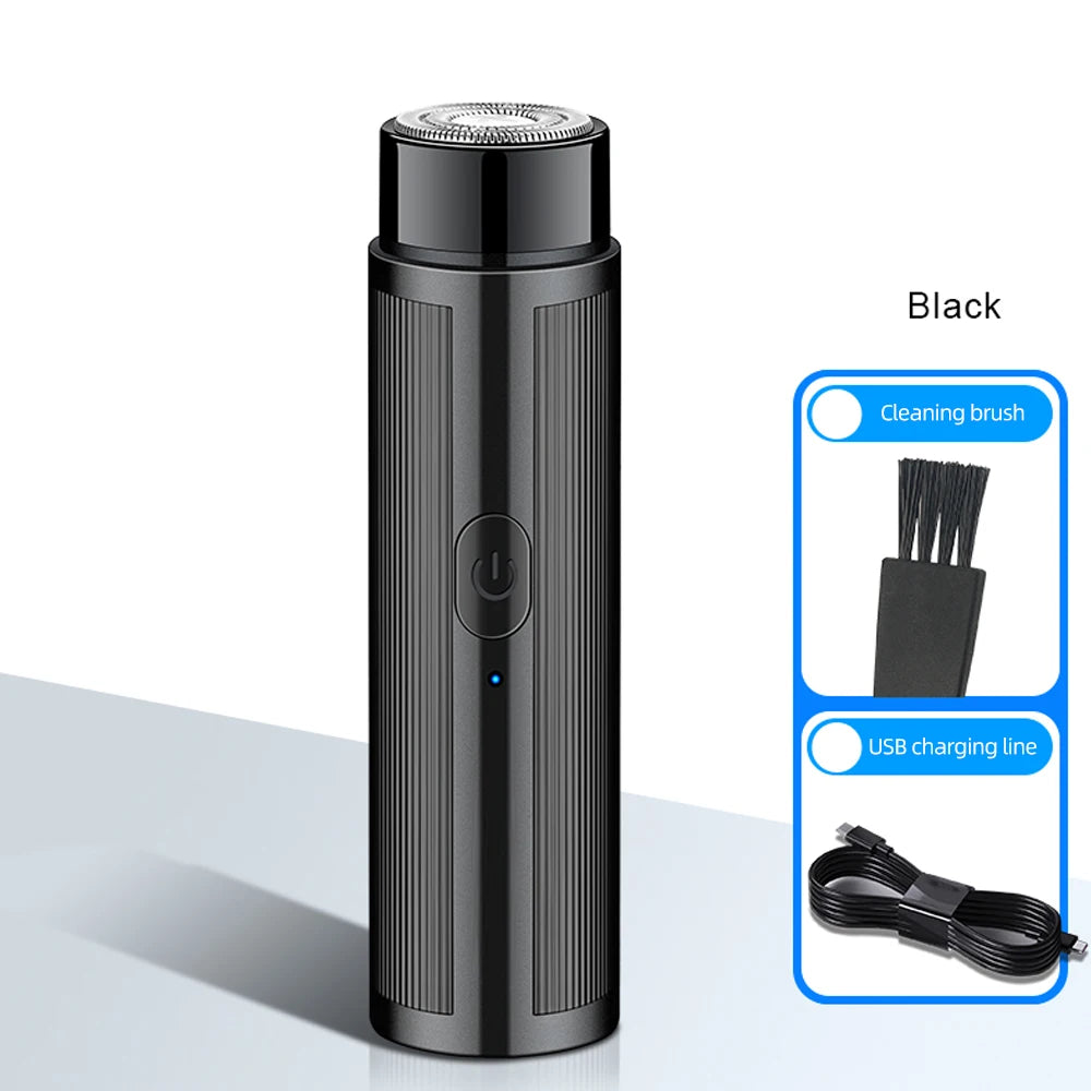 Mini Rechargeable Electric Shaver shown charging via USB port, highlighting travel-friendly design.