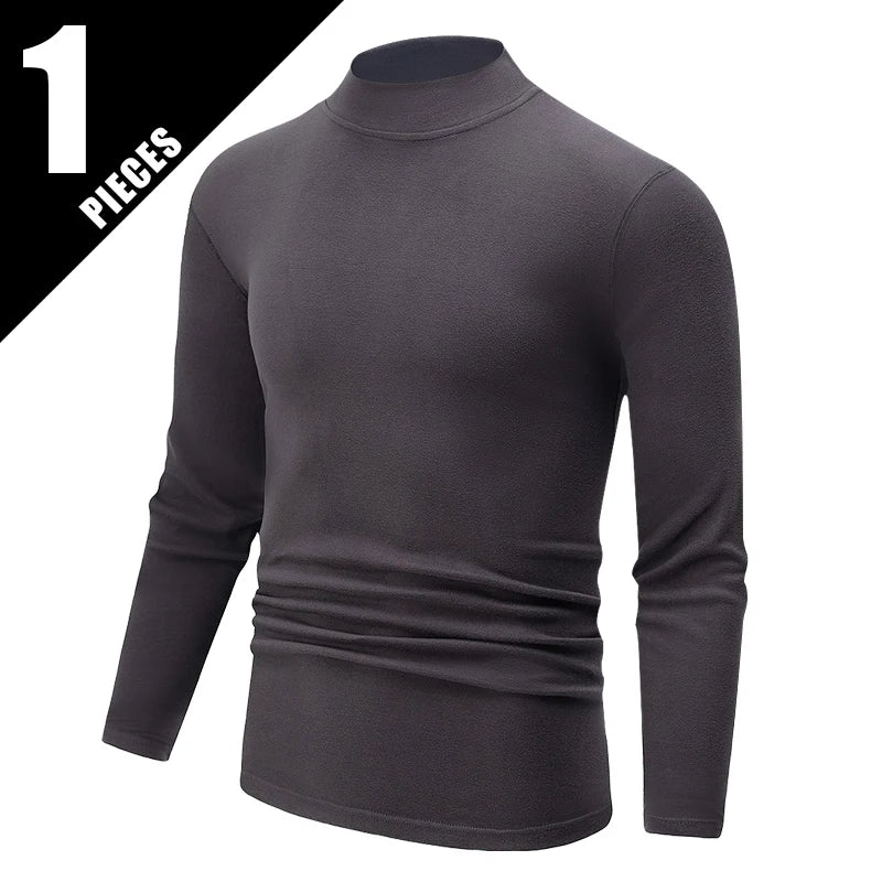 Men's semi-turtleneck long sleeve top worn under jacket