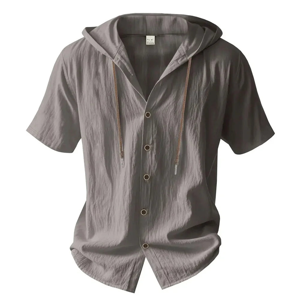 Hooded linen shirt front view white