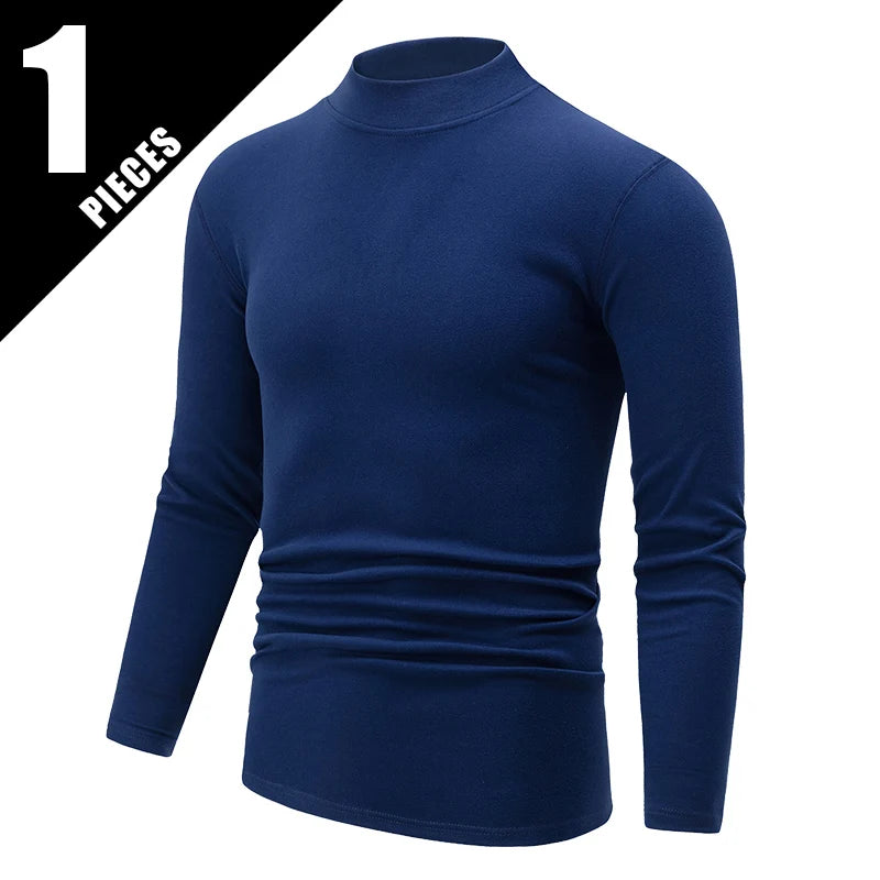 Men's semi-turtleneck long sleeve top worn under jacket