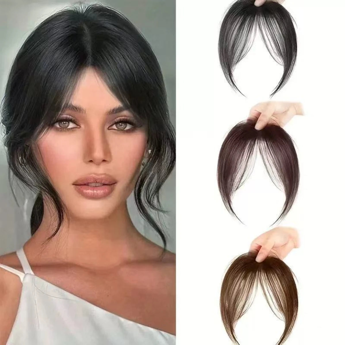 Clip-in bangs hair extension worn on model