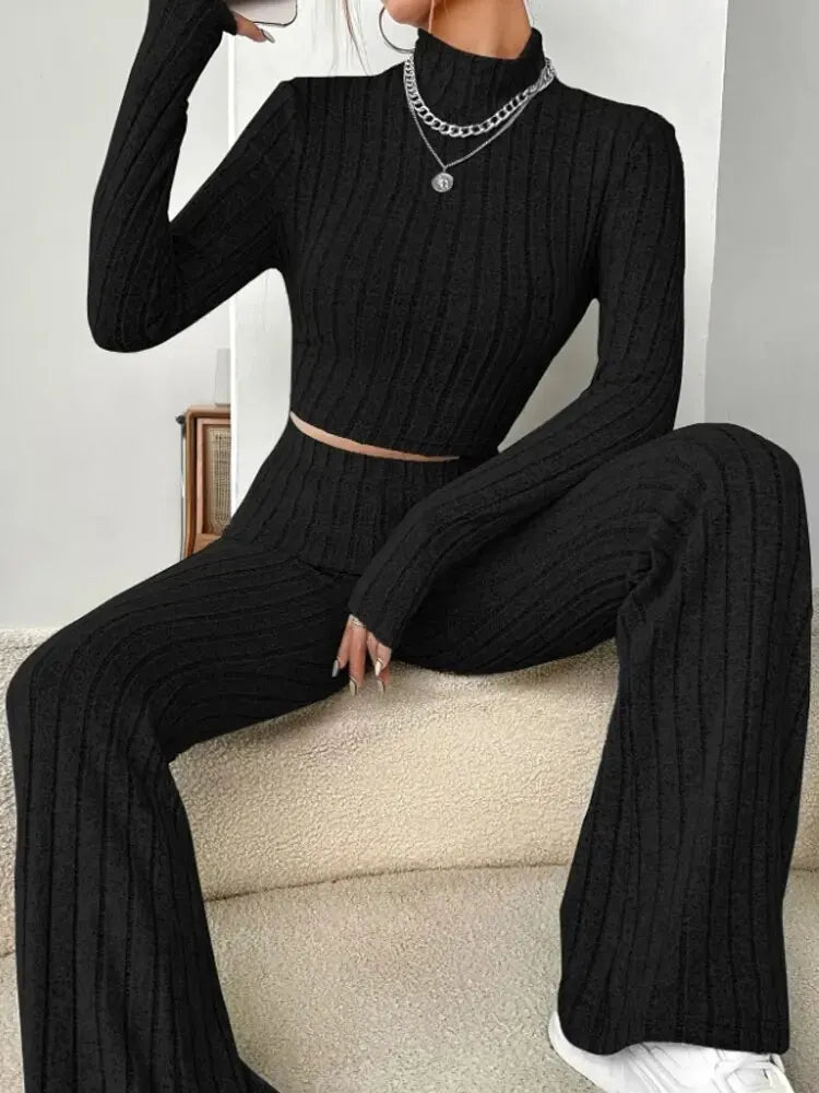 Crop top and trumpet pants set stand collar detail