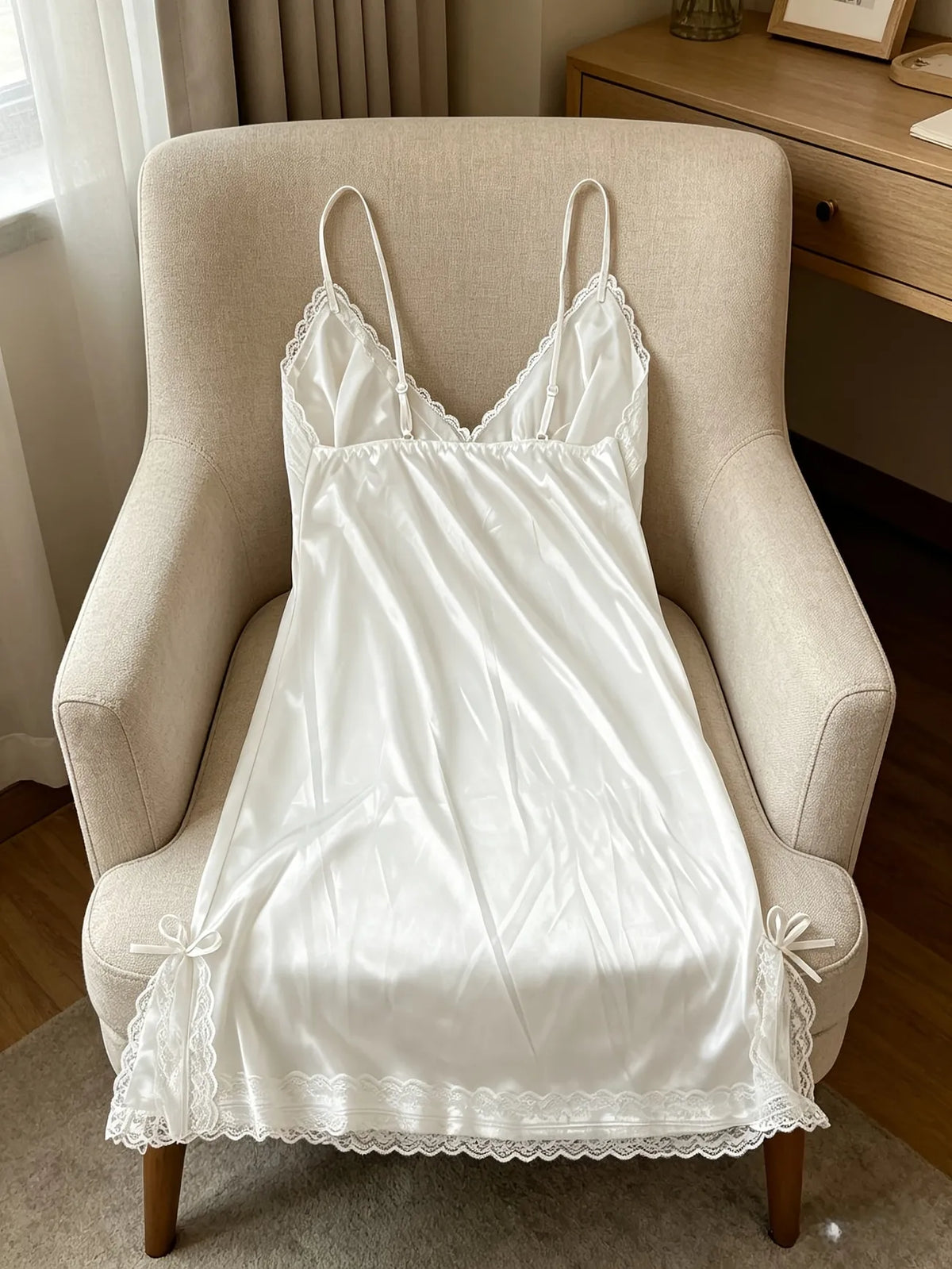 Women's satin slip nightgown worn model