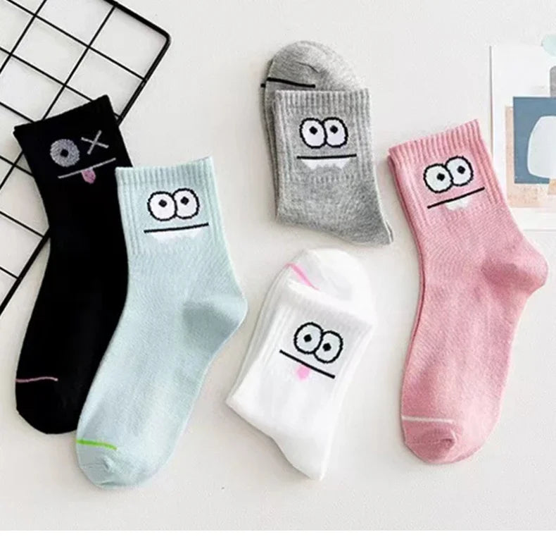 Women's funny expression print crew socks worn on feet