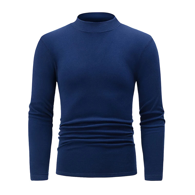 Men's semi-turtleneck long sleeve top worn under jacket