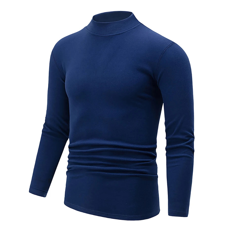 Men's semi-turtleneck long sleeve top worn under jacket