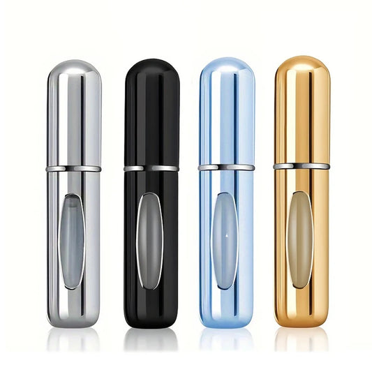 Mini Perfume Atomizer Bottles in silver, black, blue, and gold for stylish travel fragrance.