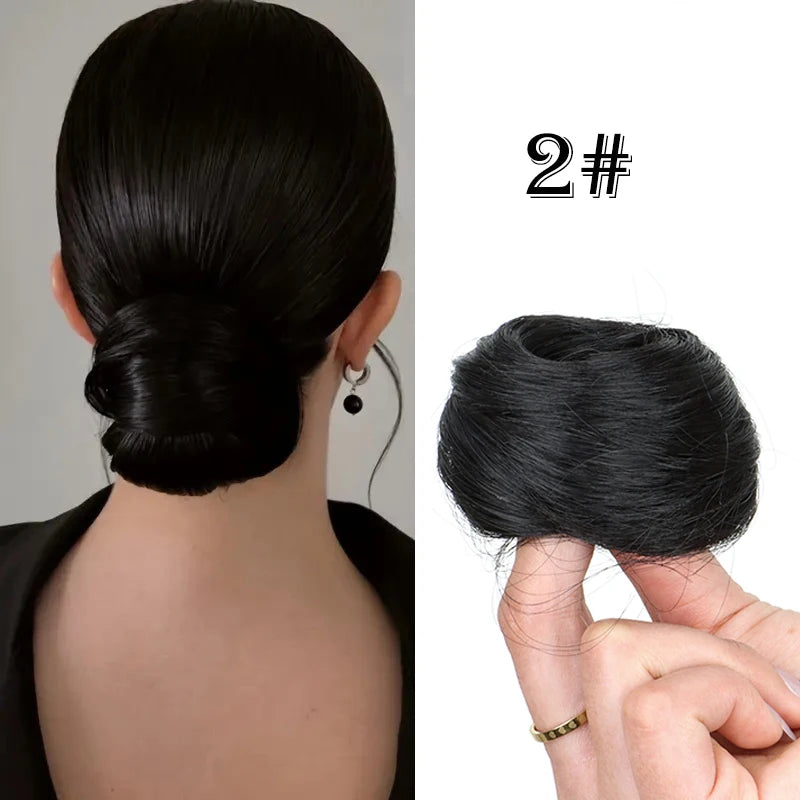 Synthetic hair bun extension worn on model
