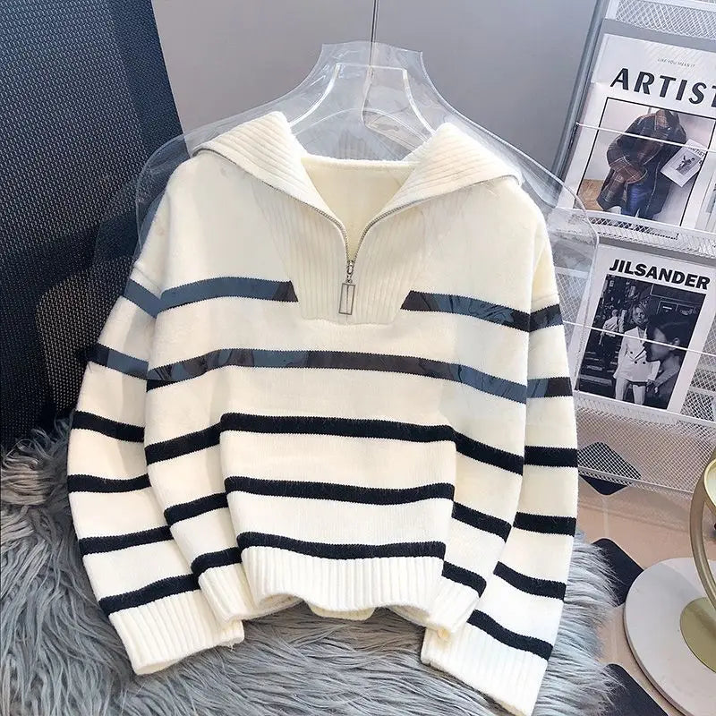 Zip stripe cropped sweater front view beige