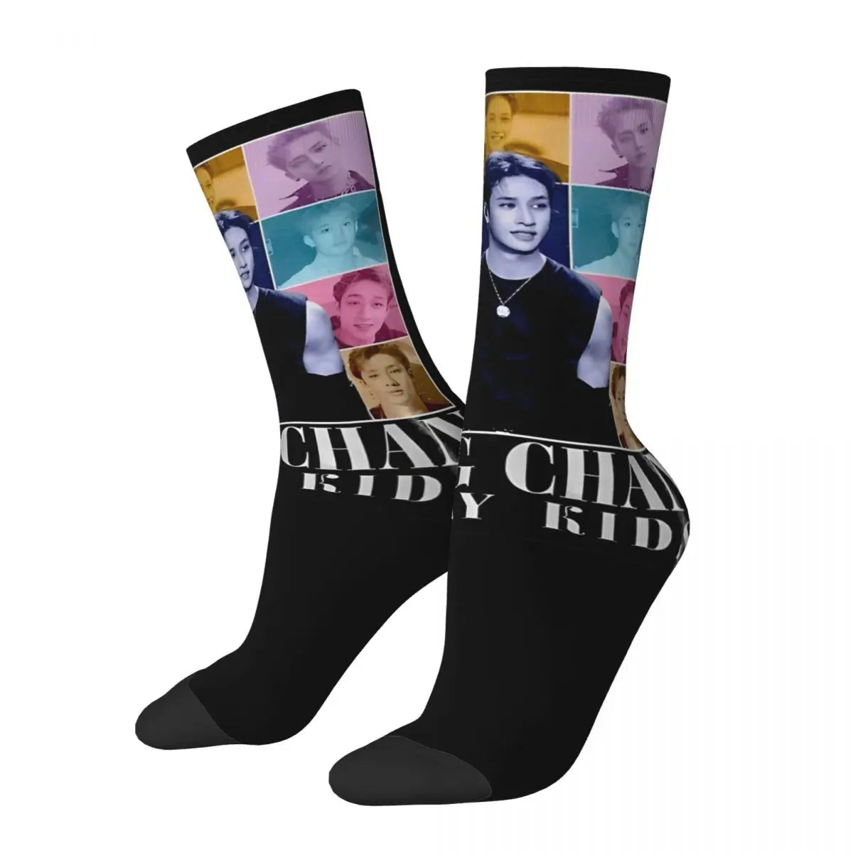 Men's printed skateboard crew socks worn on feet