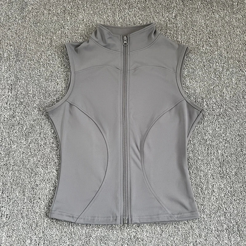 Women's zip-up yoga fitness tank top front view gray