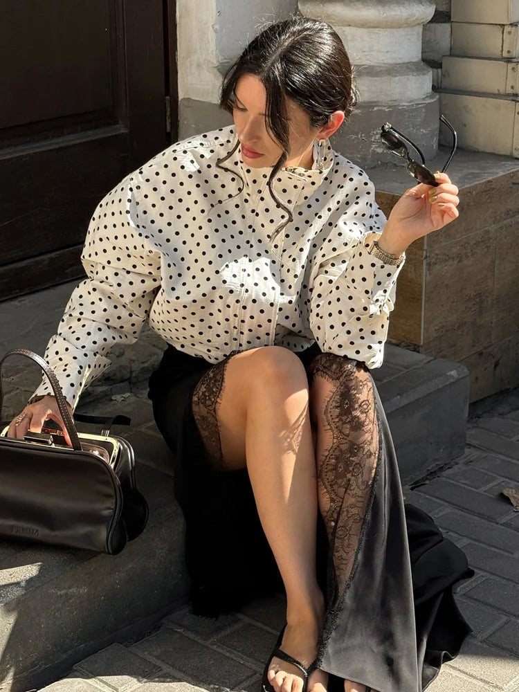 Polka dot casual jacket turtleneck collar detail