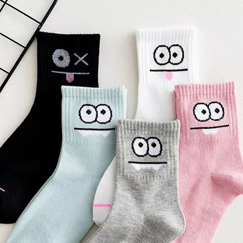 Women's funny expression print crew socks worn on feet