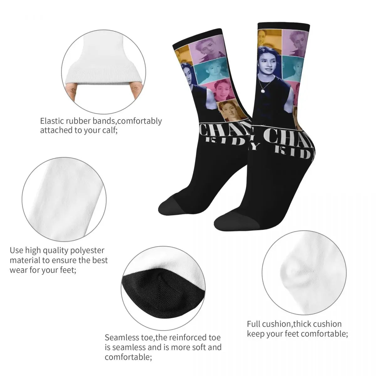 Men's printed skateboard crew socks worn on feet