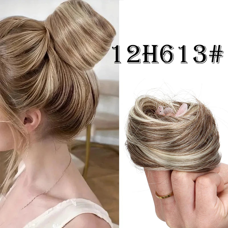 Synthetic hair bun extension worn on model
