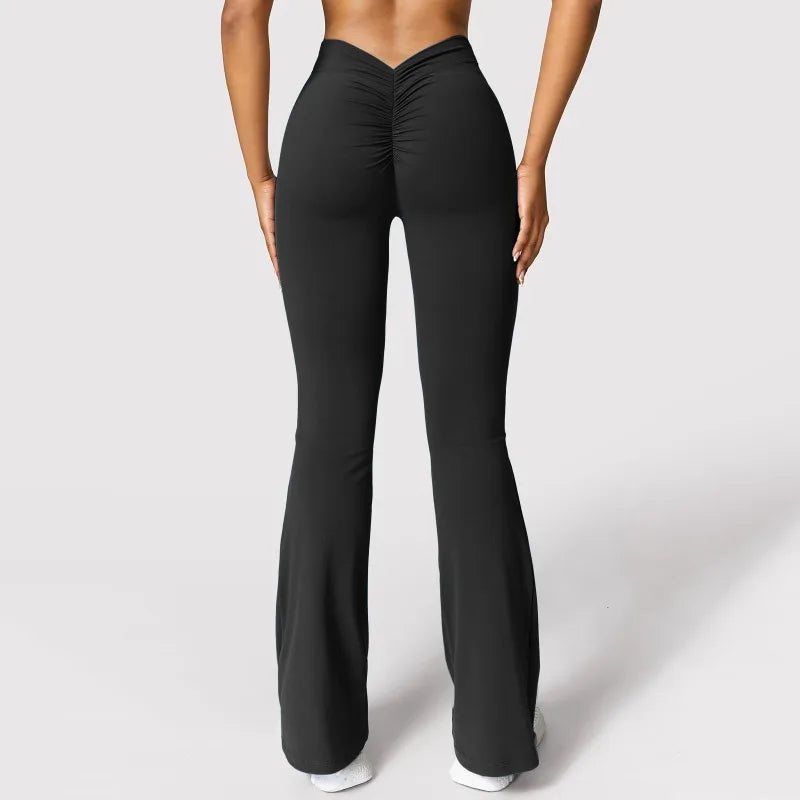 V-back waist leggings black front view flare