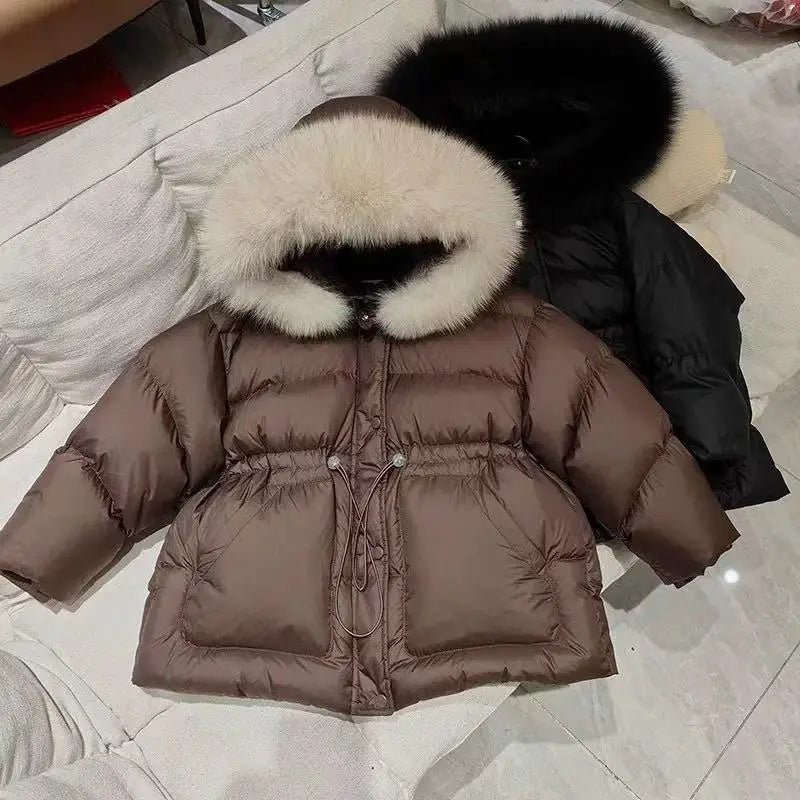 Girls fur-hood winter parka worn by child