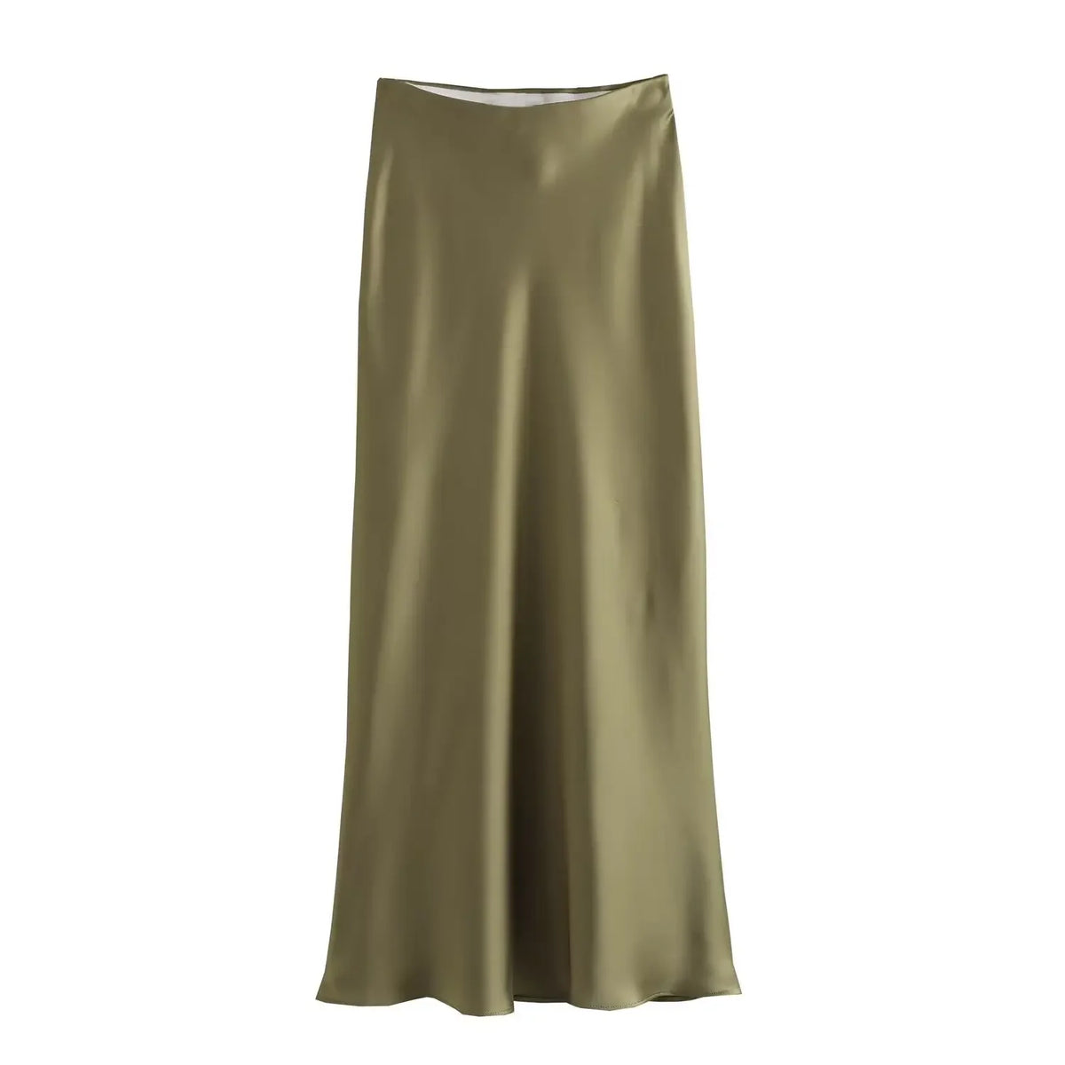 High waist satin midi skirt worn styled outfit green