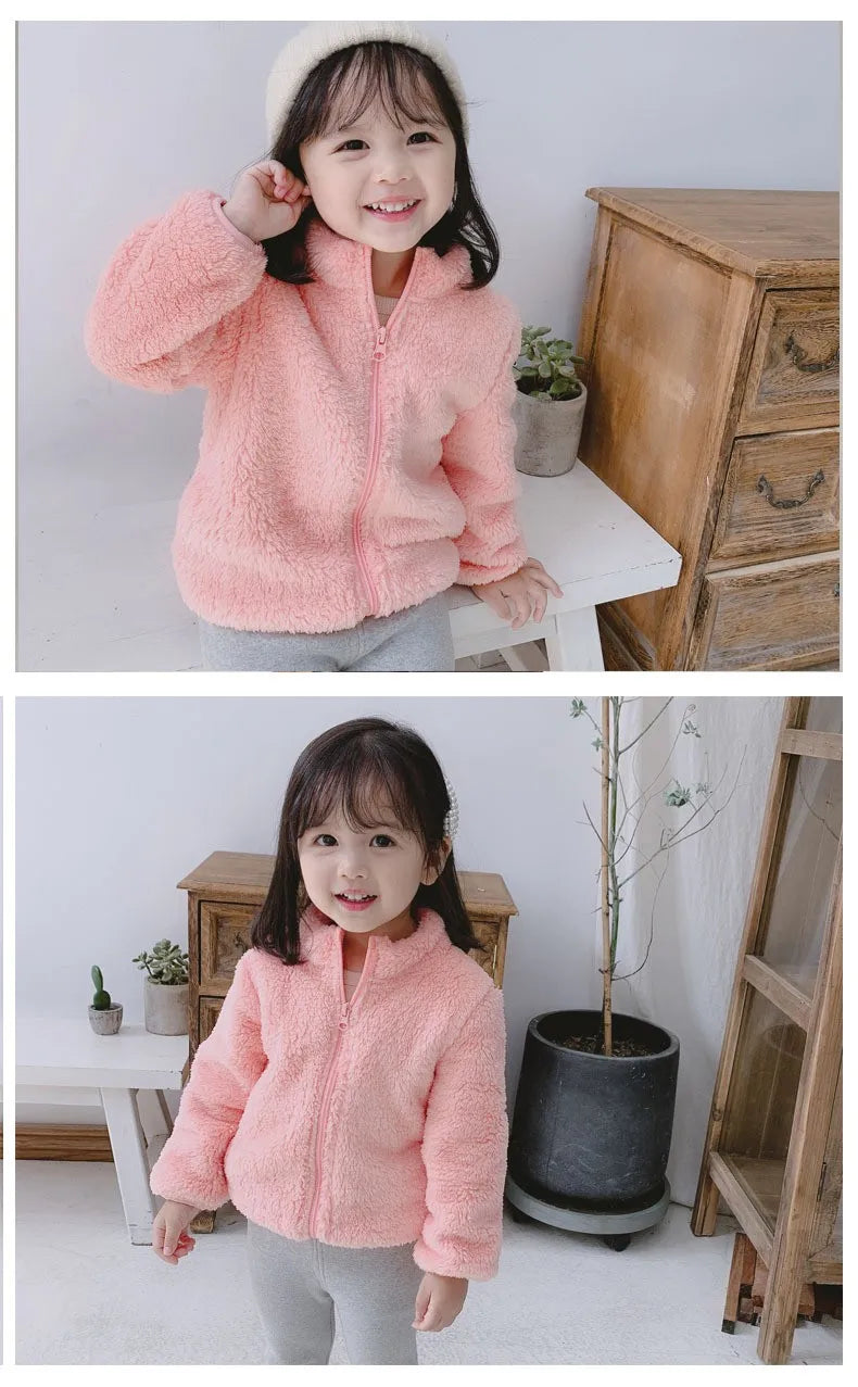 Kids plush winter coat lining texture closeup