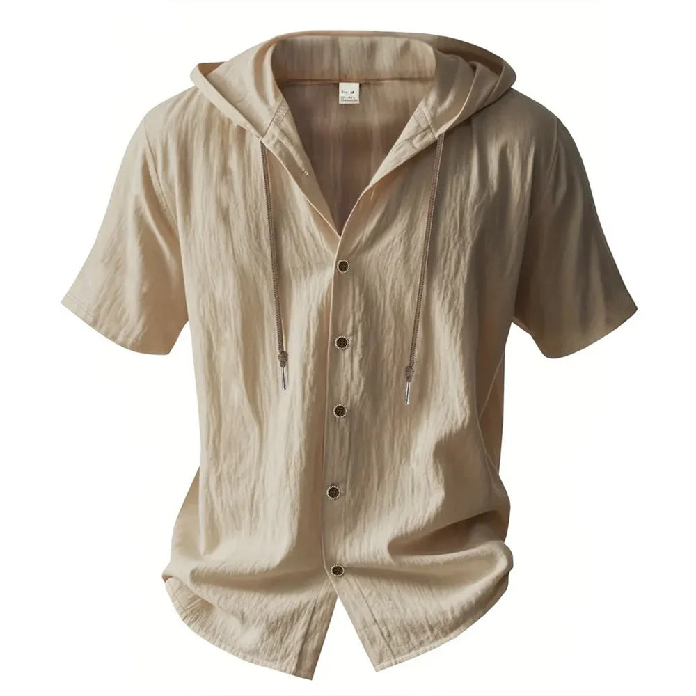 Hooded linen shirt front view white