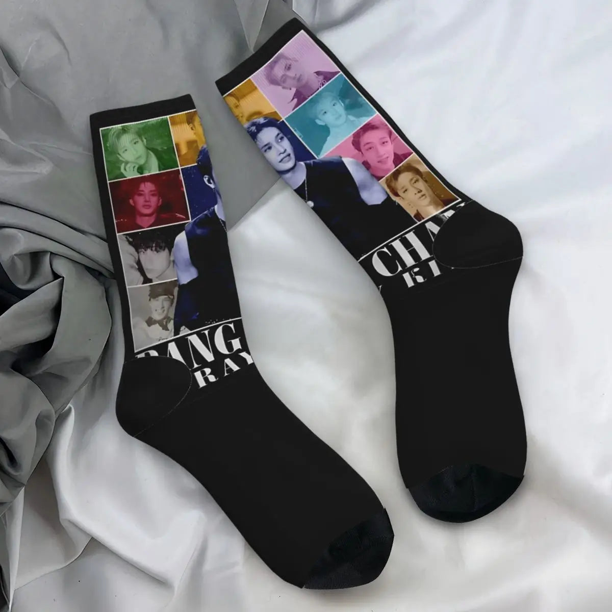 Men's printed skateboard crew socks worn on feet