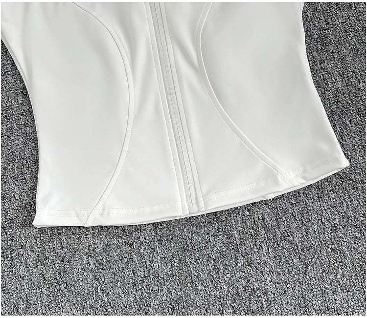 Women's zip-up yoga fitness tank top front view white