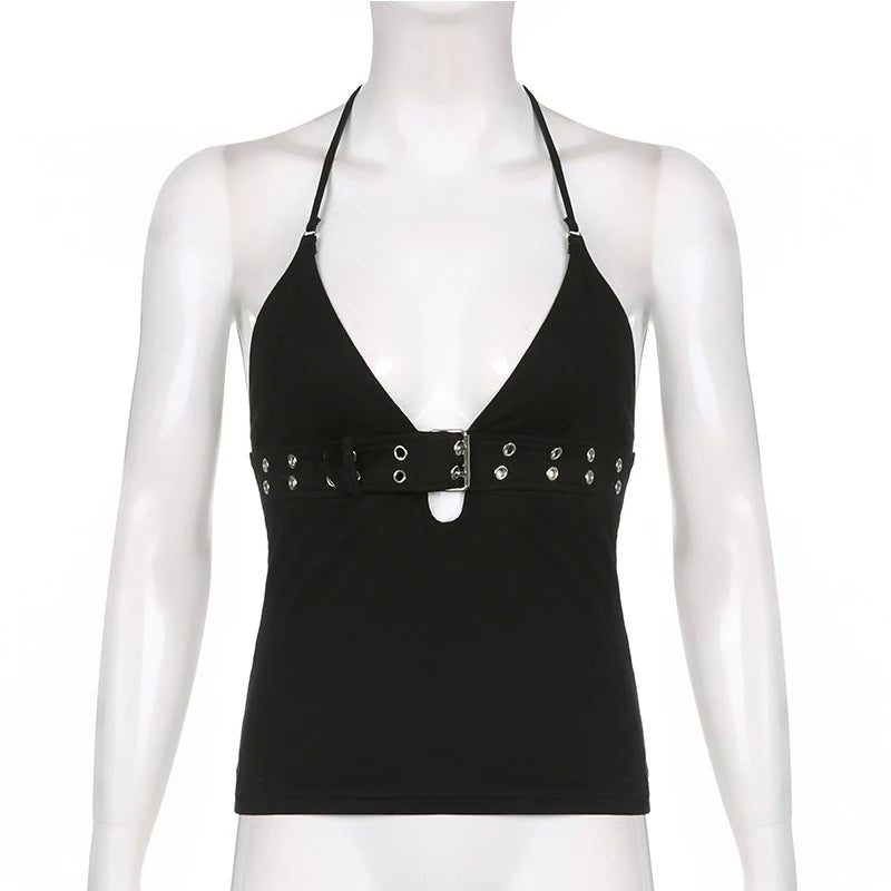 Bandage lace-up crop top front view black