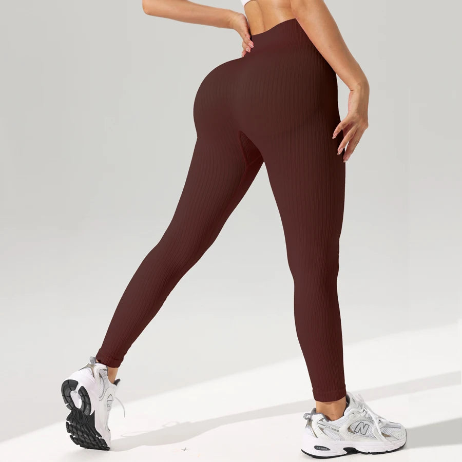 Tummy control yoga leggings front view brown