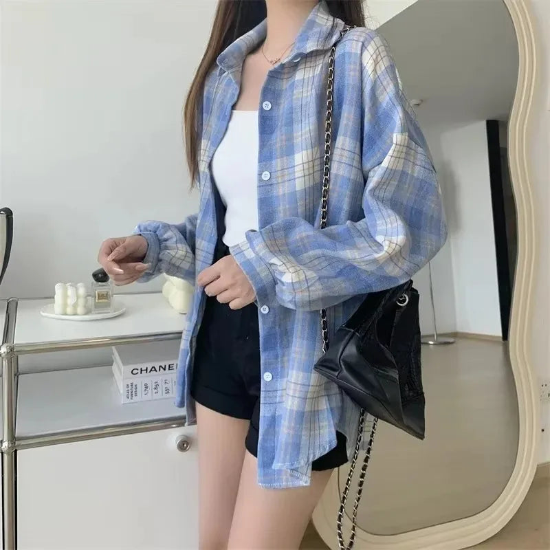 Vintage plaid shirt blue check worn full body