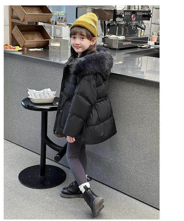 Girls fur-hood winter parka worn by child