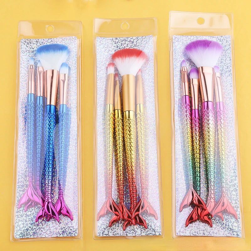 Mermaid ombre makeup brush set full 4-piece view