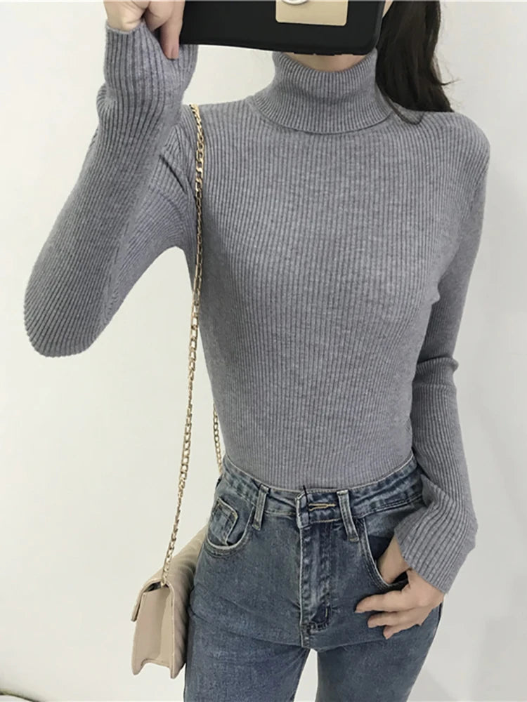 Ribbed Turtleneck Sweater – Women's Slim Winter Pullover