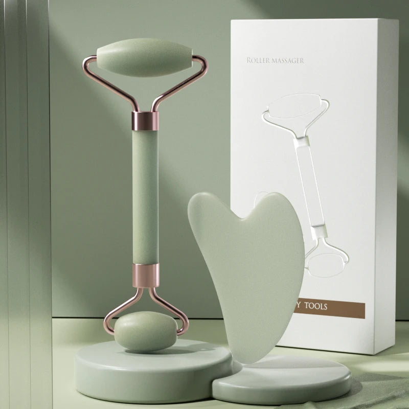Facial massage roller scraper set worn in use