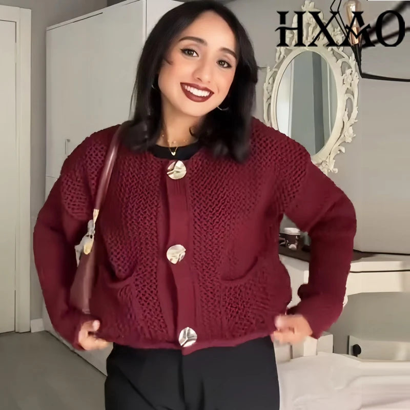 Cropped knit cardigan burgundy worn close up detail