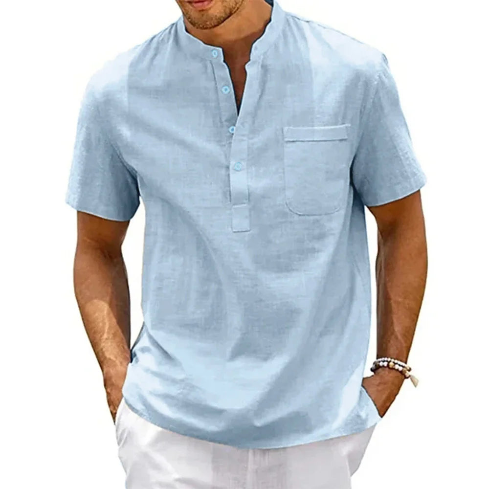 Men's linen henley beach shirt front view navy blue