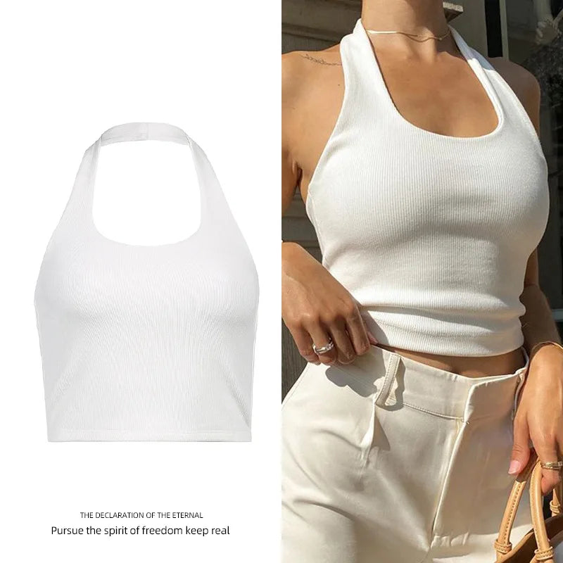 Ribbed halter crop top white flat lay close up