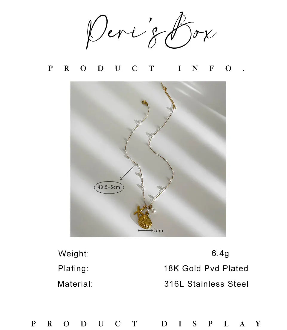 Pearl starfish shell necklace full view gold