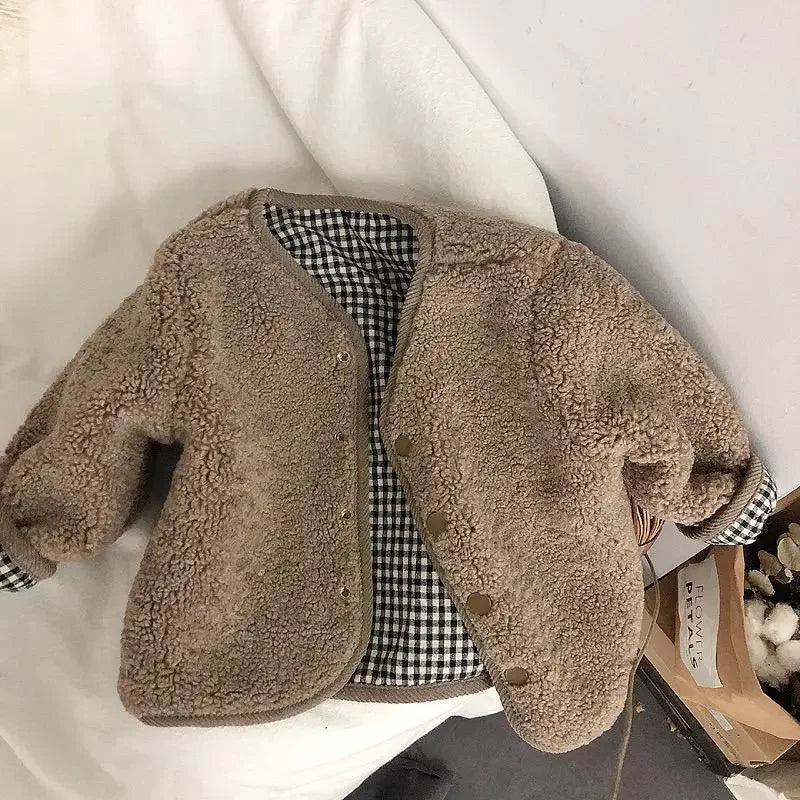 Kids reversible plaid jacket cream color option