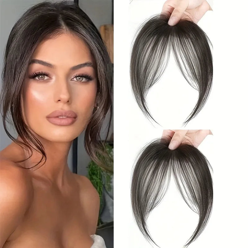 Clip-in bangs hair extension worn on model