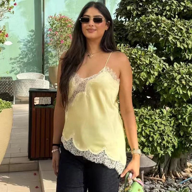 Asymmetrical backless camisole front view khaki yellow