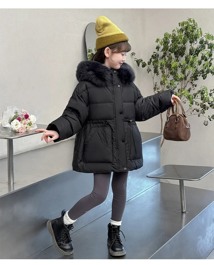 Girls fur-hood winter parka worn by child