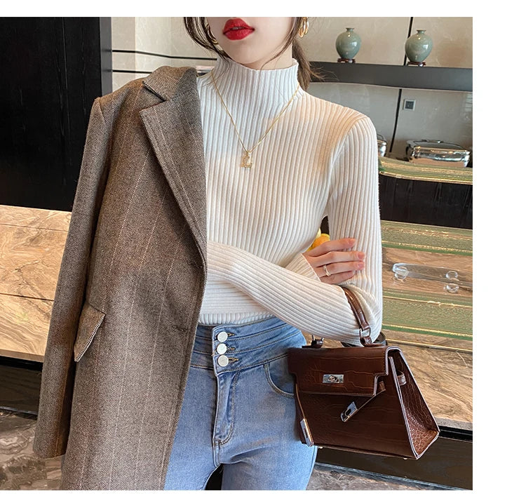Slim turtleneck sweater khaki full body standing