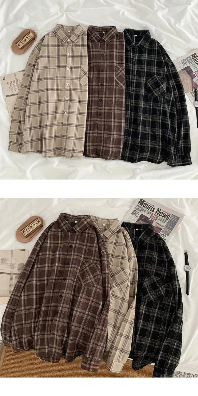 Oversized plaid shirt black and khaki hanging pair