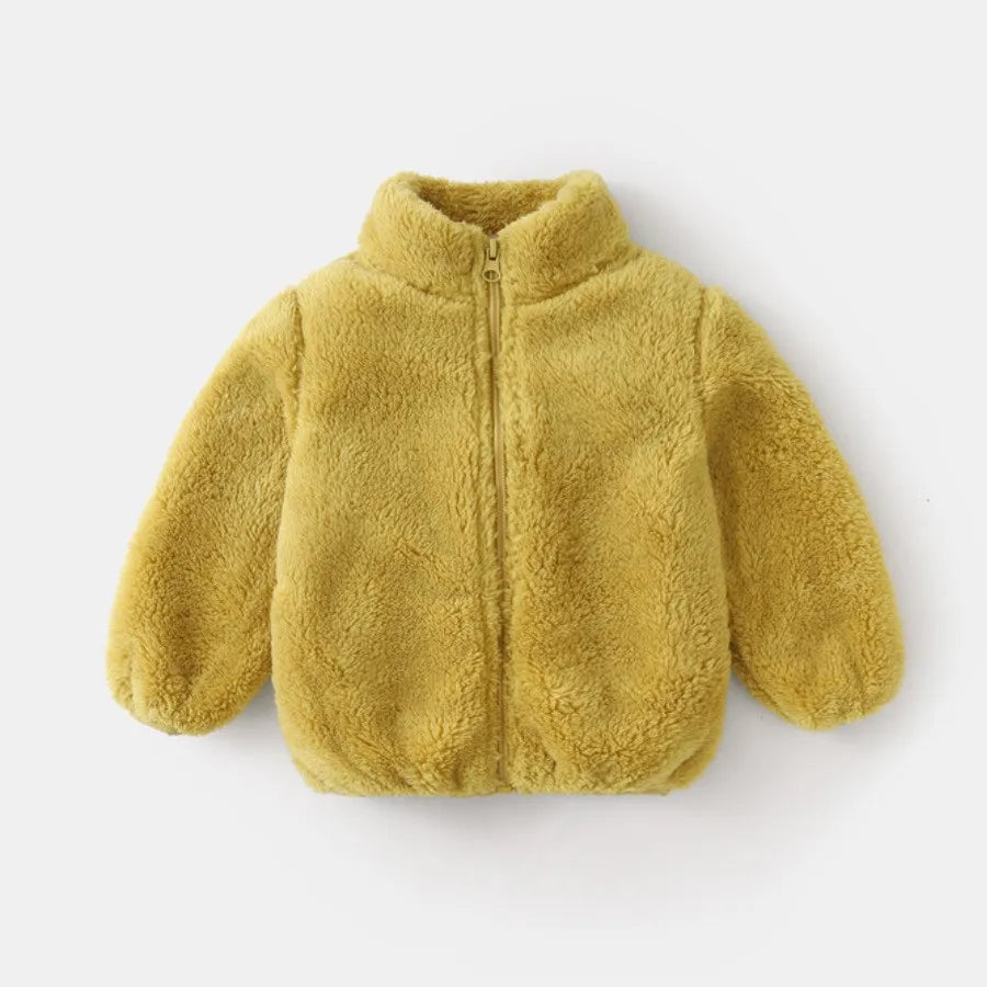 Kids plush winter coat lining texture closeup