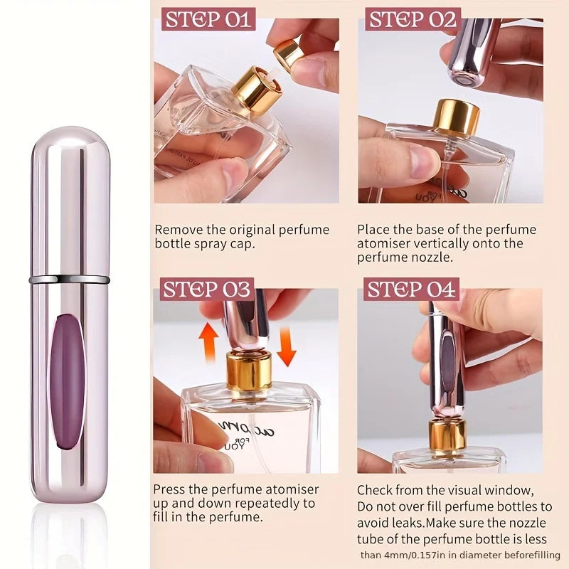 Mini Perfume Atomizer Bottles in silver, black, blue, and gold for stylish travel fragrance.